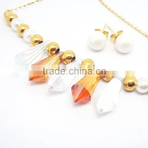 Stainless Steel Gold Bead Multi Colored Crystal Statement Necklace thumbnail-2