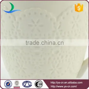 Embossed Lace White Glazed Porcelain Coffee Mug With Handle Prices thumbnail-4