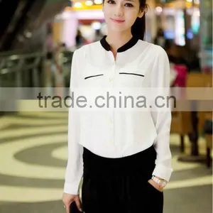2015 Hot Sell Fashion Chiffon Blouse Stand Pockets Clothes Women Stand Collar Chiffon Blouse Long Sleeve Shirt thumbnail-2