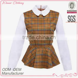 2015 Fashion Cotton Check Chiffon Ruffle Bottom Long Sleeves Direct Manufacturer High Quality Big Sleeve Blouse thumbnail-1