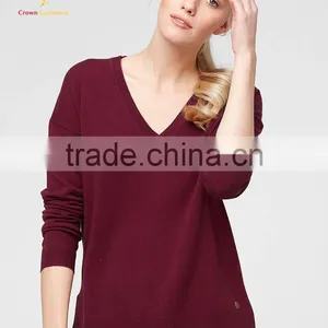 Women Red V Neck Cashmere Sweater Tops thumbnail-3