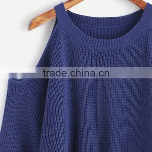 2017 Fall Women Loose Dark Blue Cold Shoulder Knit Sweater thumbnail-4