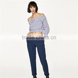 2017 Guangdong Spring Ladies Navy Chinos Designer Pants With Belt thumbnail-2