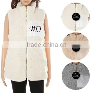LOW MOQ Wholesale Women Winter Full Zipper Monogrammed Sherpa Vest With Patch thumbnail-1