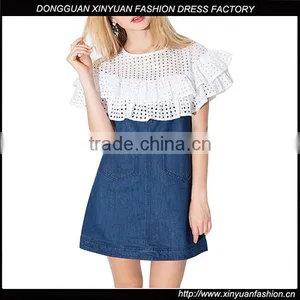 New Latest Girls Sweet Ruffle Mesh Casual Denim Mini Dress Women Patchwork Designs For Dresses thumbnail-1