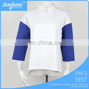Down Collar Ocean Blue and White Half Sleeve Woman Tshirt thumbnail-1