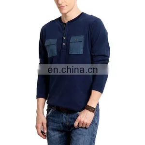 Casual Mens Cotton Dark Blue T-shirts Button Neck Tee Shirts With Chest Pockets Fashion thumbnail-3