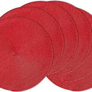 4 Pack Red Round Place Mats Pot Holders Wicker Tablemats Boho Braided Heat Resistant Mats, Plate Chargers for Table thumbnail-1