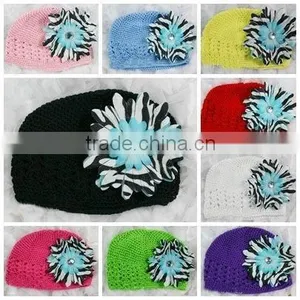 Crochet Newsboy Beanie Kufi Hats With a Blue Zebra Daisy Flower thumbnail-1