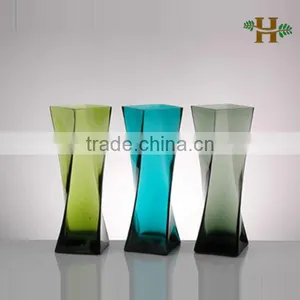 Handmade Square Spiral Shaped Glass Vase, Wholesale Colored Unique Design Glassware thumbnail-1