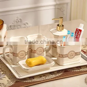 Royal Elegant European Style Golden Ceramic Bathroom Accessory Set in 6 Pcs, Classic Bathroom Set Cup, Dispenser BF12-03254c thumbnail-2