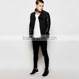 Fashion Denim Black Sleeves Leather Jacket With Pocket Custom Design thumbnail-4