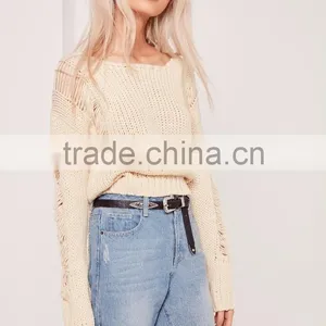 Plain White Ladies Sweater Knitwear Pullover Drop Shoulder Ladder Shoulder Distressed Crop Jumper Women thumbnail-4
