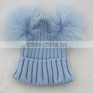Myfur Baby Blue Wool Crochet Knitted Hats With Double Removable Raccoon Fur Balls thumbnail-4