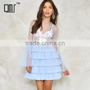 Violet Blue Sheer Tulle Layered Dresses With Embroidery Bell Sleeve Women Dress thumbnail-1
