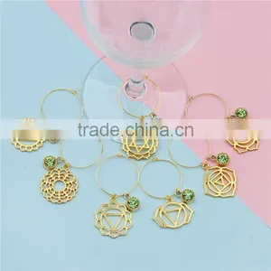 Yoga Healing Hoop Earrings Gold Plated Round Flower Green Rhinestone Wine Glass Marker Charms thumbnail-2