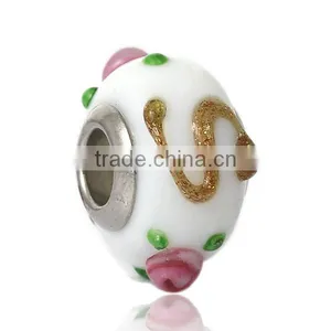Lampwork Glass European Style Large Hole Beads Round White Pink Flower Golden " S " With 304 Stainless Steel Silver Tone Core thumbnail-1