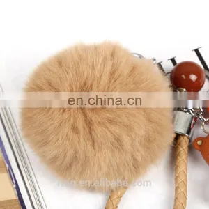 Rabbit Fur Ball WIth Bear Pendant Pom Pom Keychain With Leather Cord thumbnail-4