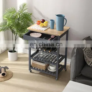 Living Room Wooden Movable Stainless Steel 4-tier Kitchen Storage Shelf / Holders & Racks Organizer Rack With Drawer thumbnail-3