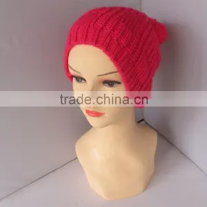 Wholesale Soft Material Knitted Acrylic Fuchsia Pom Pom Beanie thumbnail-1