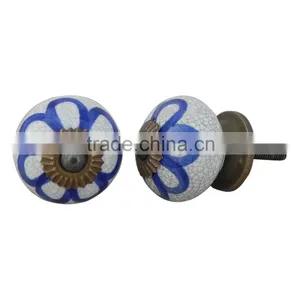 Flower Painted Upon Crackle Base Ceramic Knob With Metal Fittings - Ready to Use thumbnail-1