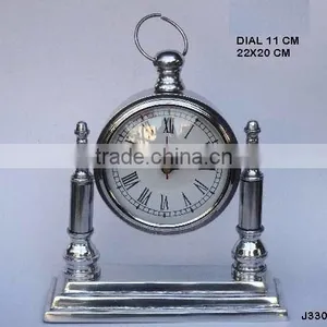 Two Pillar Round Dial Table Clock in Mirror Polish Finish and Also Available in Nickel Plating thumbnail-1