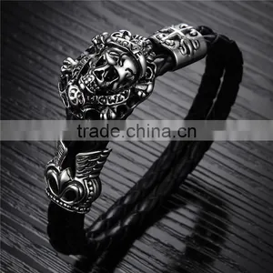 New Trending Skull Style Stainlesss Steel Genuine Leather Bracelet Men thumbnail-3