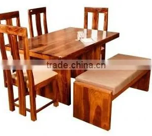 Classic Finish Six Sitter Wooden Dining Table Set With Cushion Chairs and Bench thumbnail-1