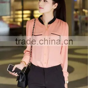 2015 Hot Sell Fashion Chiffon Blouse Stand Pockets Clothes Women Stand Collar Chiffon Blouse Long Sleeve Shirt thumbnail-1