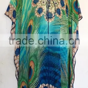 Peacock Digital Print Crystal Embellished Lace up Kaftan CAFTAN Tunic Poncho Blouse thumbnail-1