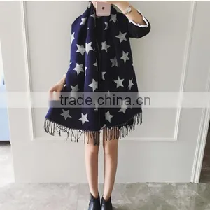 Wholesale Price 2017 New Arrival Girl Scarf White Stars Blue Bottom Color Printed 200*68cm School Student Tippet With Tassels thumbnail-5