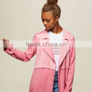 Lapel Collar Women's Long Windbreaker Latest Winter Autumn Pink Trench Coat thumbnail-5