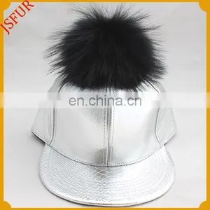 Top Quality Silver Hat Genuine Raccoon Fur Pom Pom Baseball Cap thumbnail-2