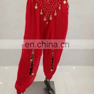 Red Arabian Performance Belly Dance Harem Pants With Hollow and Gold Coins K-4029# thumbnail-1