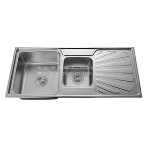 Stainless Steel Double Bowl Kitchen Sink With Drainboard thumbnail-1