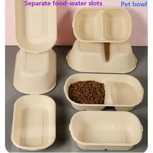 Disposable 2 Compartment Molded Pulp Pet Bowl, Biodegradable Bagasse Cat Food & Drink Bowl, Pet Feeder for Cat Dog, Custom Logo & Size Available thumbnail-1