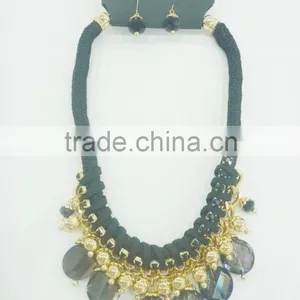 FACHION BRAIDED CORD RHINE STONE NECKLACE EARRING SET WITH BEADS PENDANTS thumbnail-1