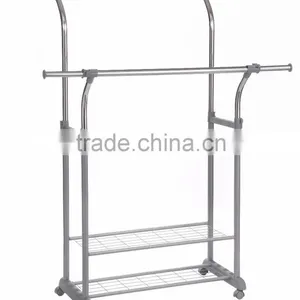Extendable Double Clothes Hanging Bar Garment Rack Grey thumbnail-1