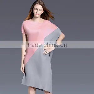 Women Pleat Trendy High Low Hem Design Sloping Shoulder Dress thumbnail-1