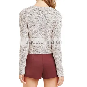 Marled Short Body Rib-knit Cuffs Long Sleeve Pullover Cotton Knit Sweater thumbnail-3