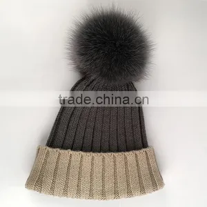 Myfur Real Fox Fur Pom Pom Bi-Color Adult Elegant Wool Beanie thumbnail-3