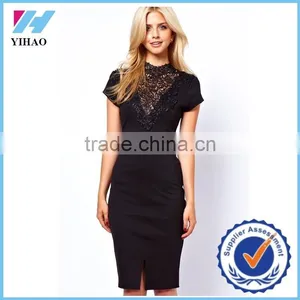 New Womens Crochet Trim Lace Neck Long Bodycon Stretch Fashion Pencil Midi Dress thumbnail-1
