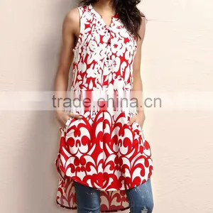 Factory Price Women Outwear With Red And White Floral Button-Front Sleeveless Tunic Women Tops Women Clothing GD90426-33 thumbnail-1
