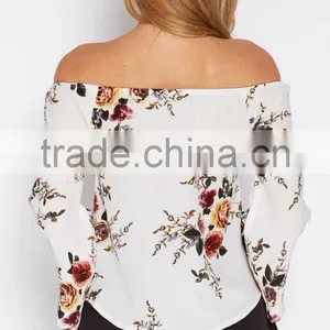 Hot Selling Women Casual Floral Printed off Shoulder Boat Neck Designs Fashion Long Sleeve Blouse for Wholesale 2017 thumbnail-4