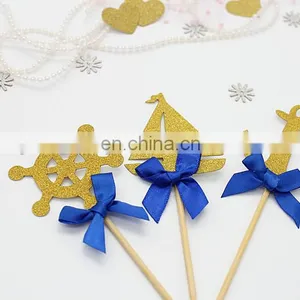 Sea Theme Gold Glitter Topper With Blue Bow Cake Decoration thumbnail-2