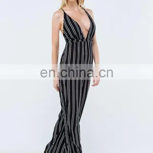 2015 Stripe Down Plunging Summer Women Jumpsuit thumbnail-3