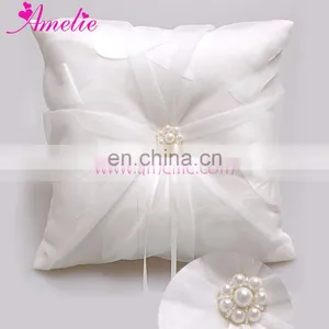 AR0912 Ivory Bow Pearl Heart Satin Wedding Ceremony Satin Ring Pillows thumbnail-1