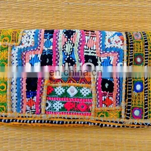 Handmade Patchwork Clutch- Kutchiwork Pompom Clutch Bag- Boho Beads Mirror Embroidery- Bohemian Banjara Clutch Purse thumbnail-2