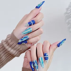 Cross-border European and American Ins Blue Full Diamond Chain Design Hot Girl Handmade Wearing Armor Press on Nails SUJB Wholesale thumbnail-1