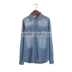 China Wholesale European Blue Long Sleeve Jean Womens Denim Jacket for Ladies thumbnail-2